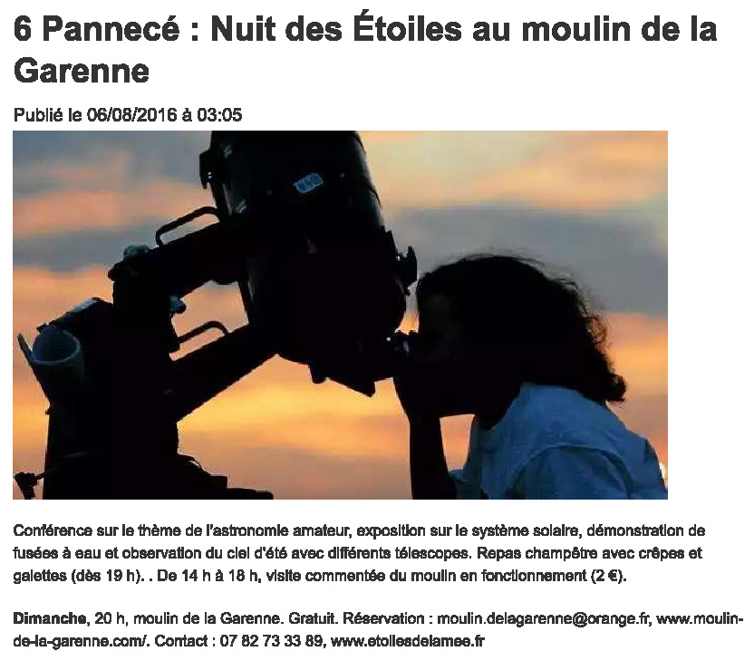 Annonce de la nuit des toiles 2016  Pannec