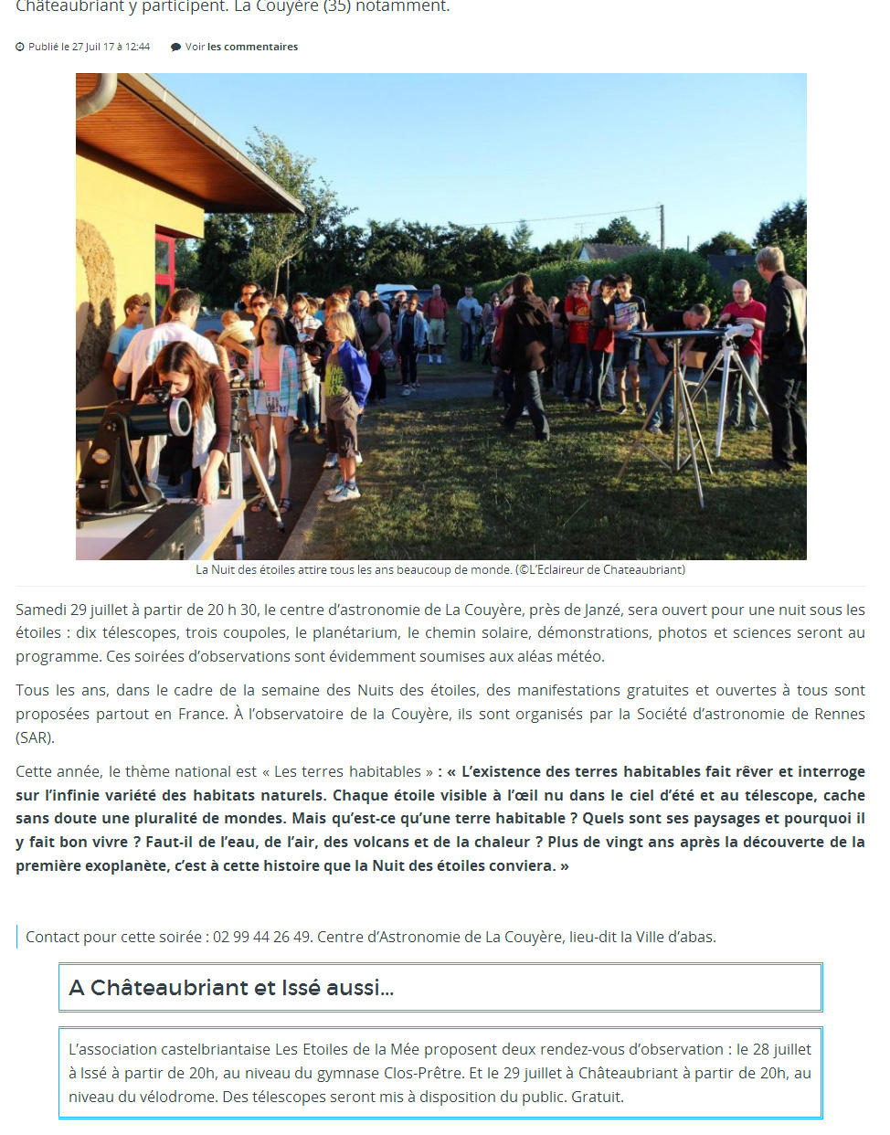 Annonce des nuits des toiles 2017  Iss et Chteaubriant